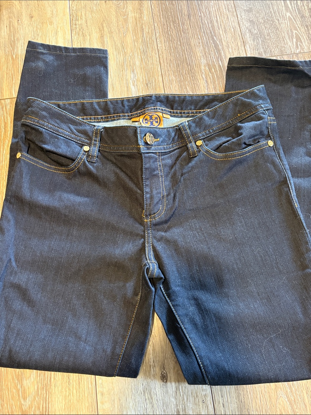 Tory Burch Indigo Skinny Jeans with Gold-Tone Accents